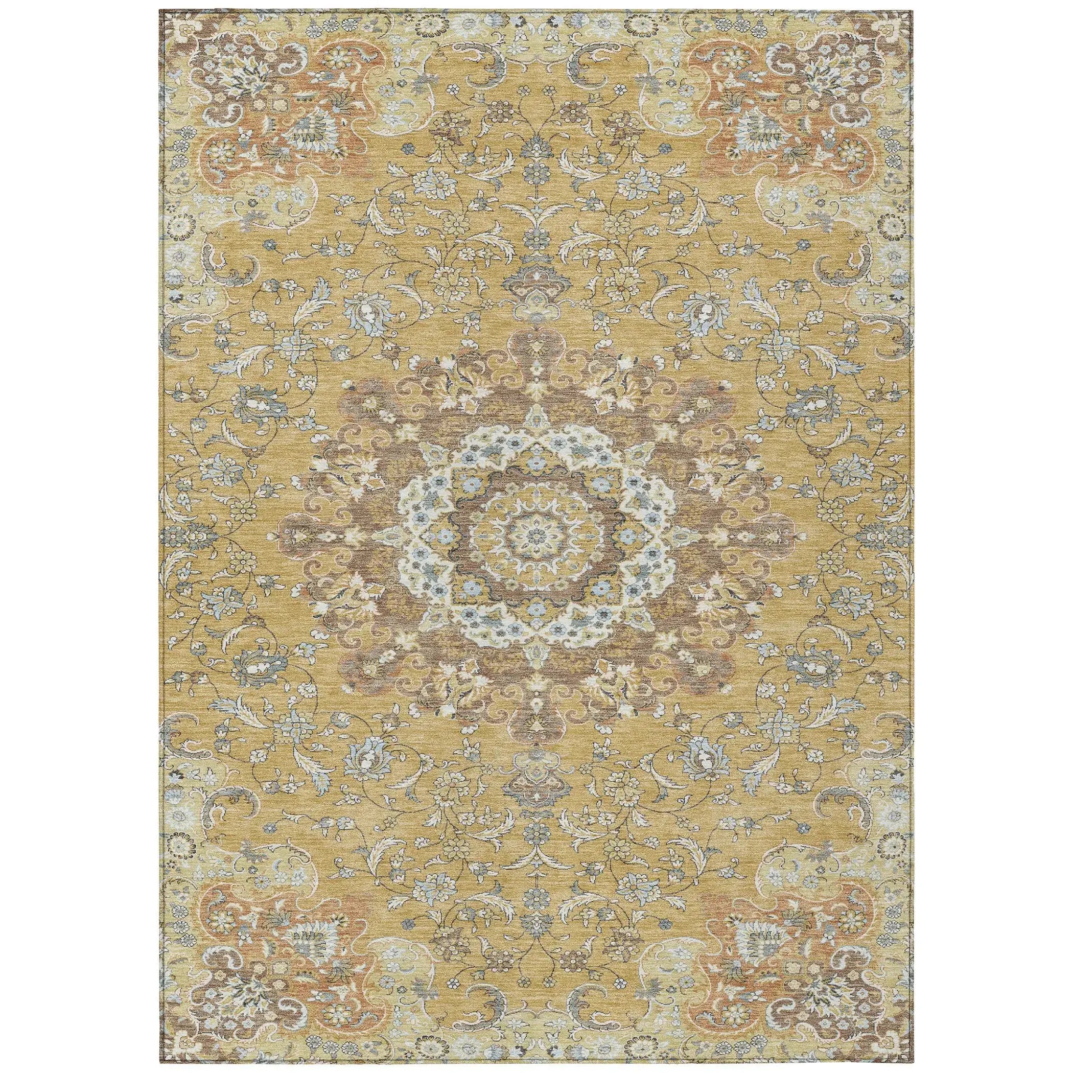 10' X 14' Gold And Ivory Floral Medallion Washable Indoor Outdoor Area Rug Homeroots Outdoor