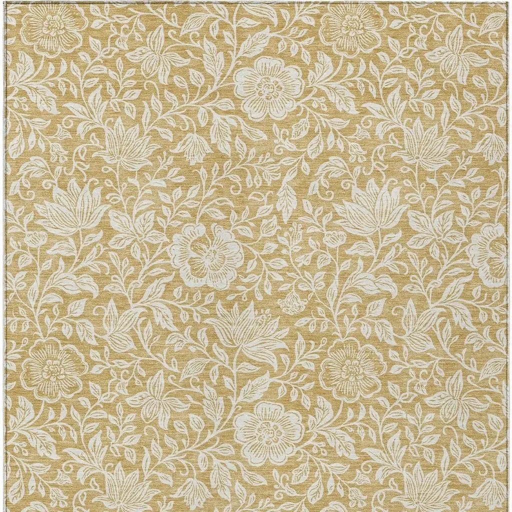 10' X 14' Gold And Ivory Floral Washable Indoor Outdoor Area Rug Homeroots Outdoor