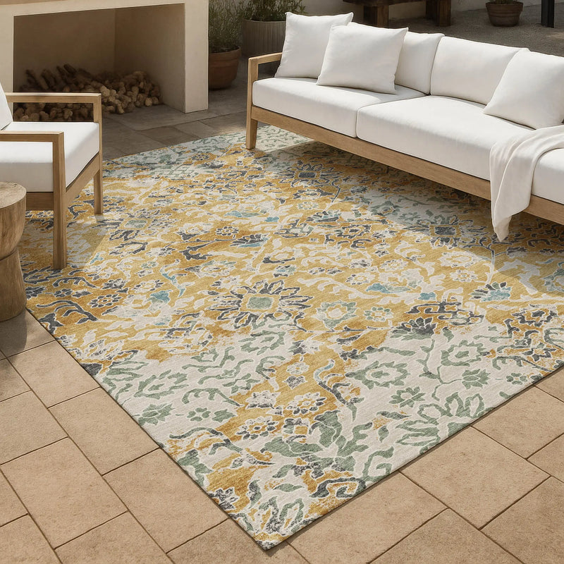 10' X 14' Gold And Ivory Geometric Washable Indoor Outdoor Area Rug Homeroots Outdoor