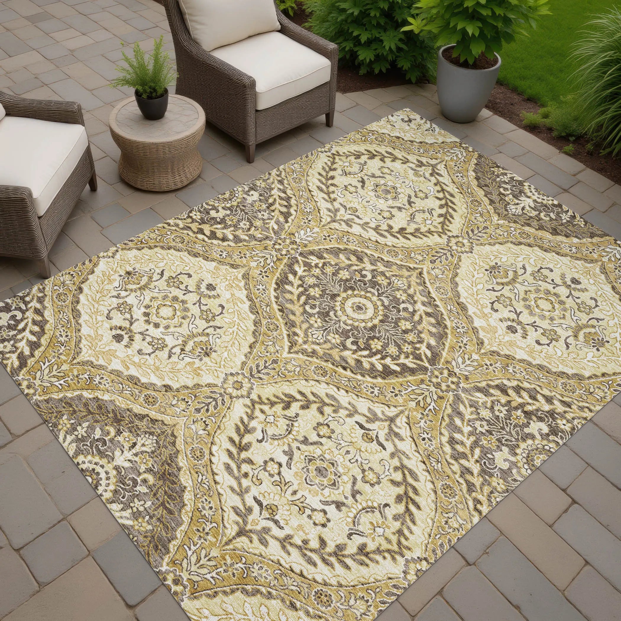 10' X 14' Gold And Khaki Ogee Washable Indoor Outdoor Area Rug Homeroots Outdoor