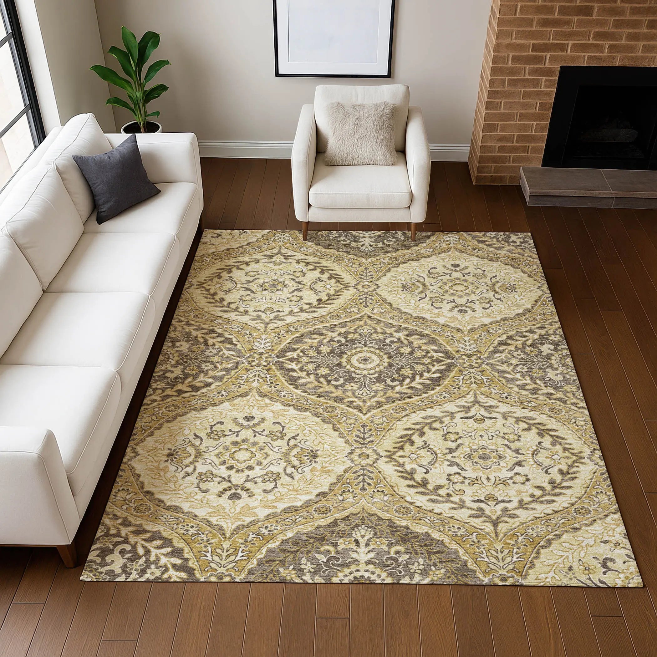 10' X 14' Gold And Khaki Ogee Washable Indoor Outdoor Area Rug Homeroots Outdoor