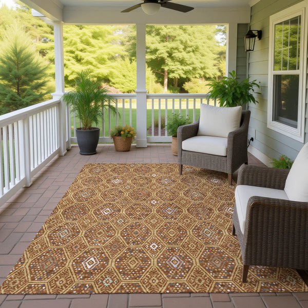 10' X 14' Gold And Orange Geometric Washable Indoor Outdoor Area Rug Homeroots Outdoor