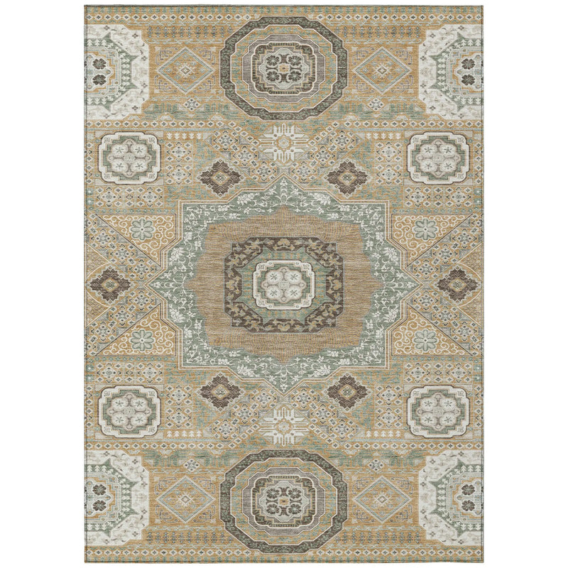 10' X 14' Gold And Sage Oriental Washable Indoor Outdoor Area Rug Homeroots Outdoor