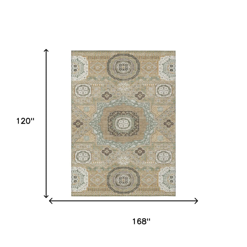 10' X 14' Gold And Sage Oriental Washable Indoor Outdoor Area Rug Homeroots Outdoor