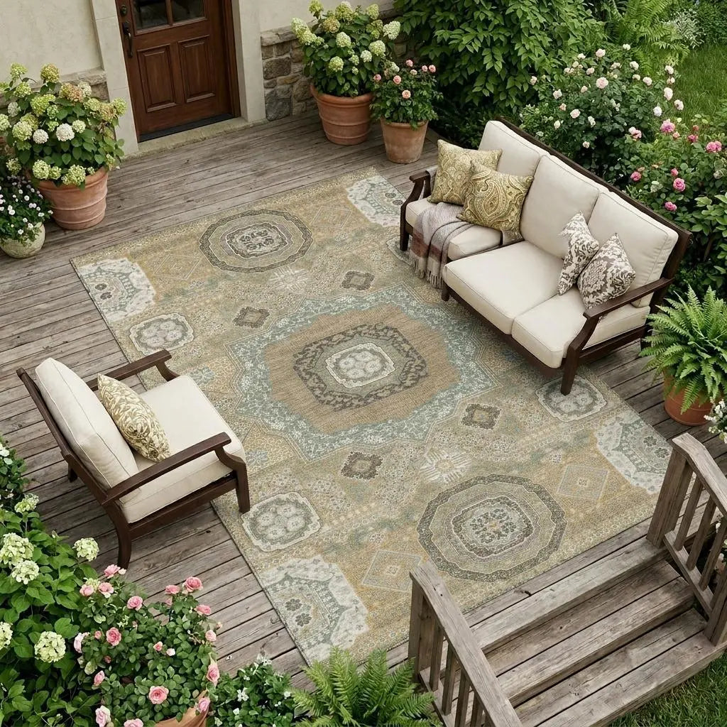 10' X 14' Gold And Sage Oriental Washable Indoor Outdoor Area Rug Homeroots Outdoor