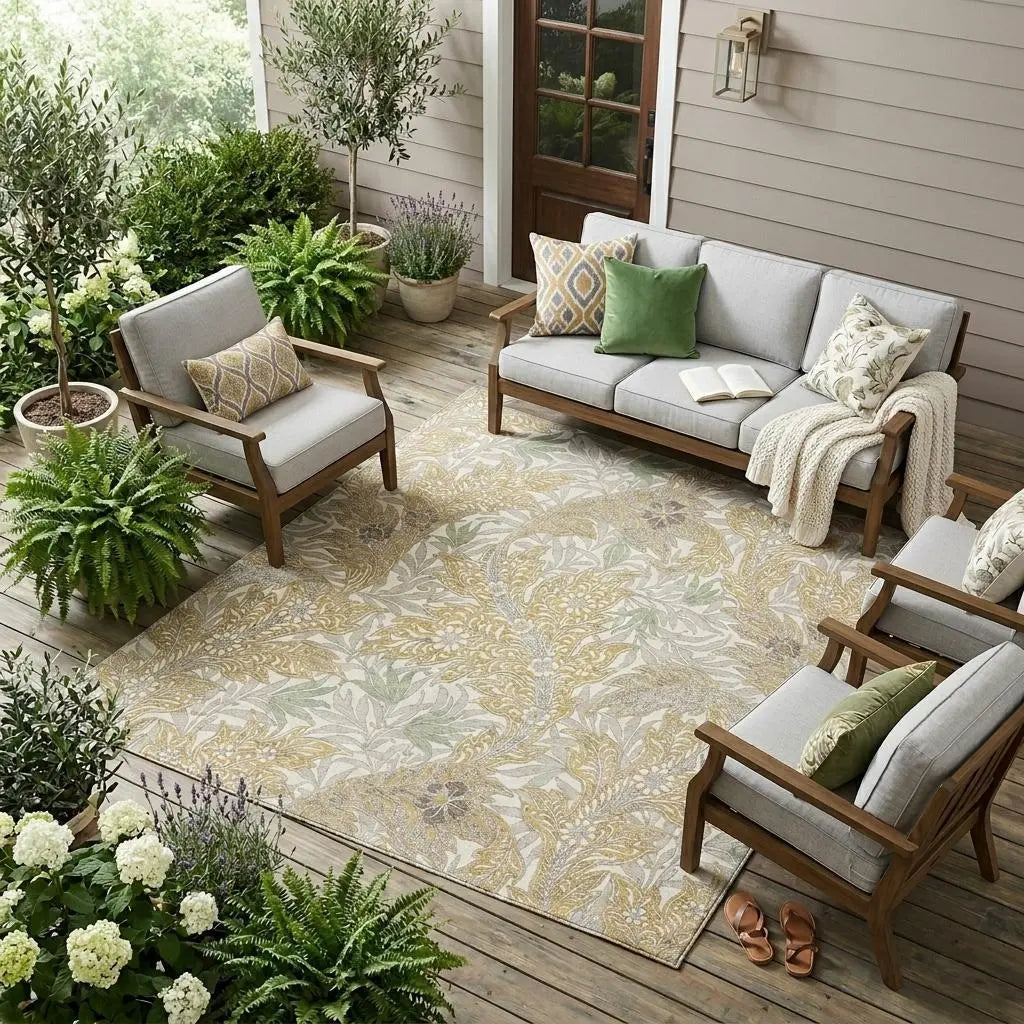 10' X 14' Gold And Silver Botanical Leaves Washable Indoor Outdoor Area Rug Homeroots Outdoor