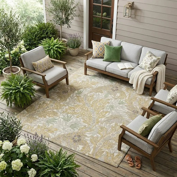 10' X 14' Gold And Silver Botanical Leaves Washable Indoor Outdoor Area Rug Homeroots Outdoor