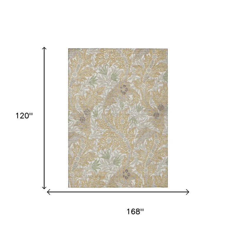 10' X 14' Gold And Silver Botanical Leaves Washable Indoor Outdoor Area Rug Homeroots Outdoor