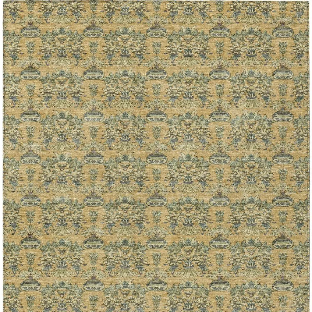 10' X 14' Gold And Silver Floral Washable Indoor Outdoor Area Rug Homeroots Outdoor