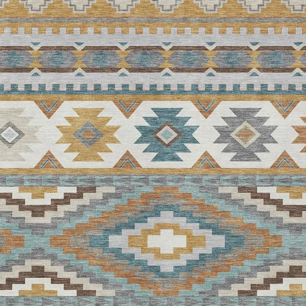 10' X 14' Gold And Teal Blue Southwestern Washable Indoor Outdoor Area Rug Homeroots Outdoor