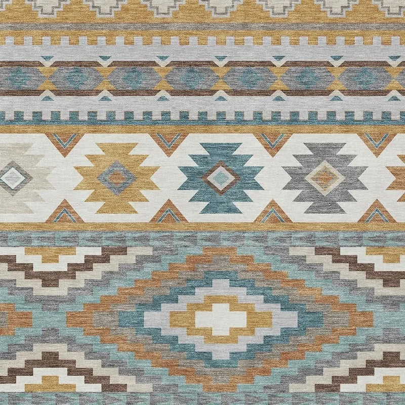 10' X 14' Gold And Teal Blue Southwestern Washable Indoor Outdoor Area Rug Homeroots Outdoor