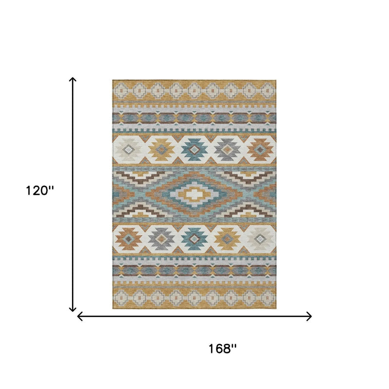10' X 14' Gold And Teal Blue Southwestern Washable Indoor Outdoor Area Rug Homeroots Outdoor