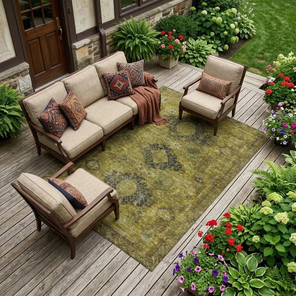 10' X 14' Gold And Walnut Oriental Washable Indoor Outdoor Area Rug Homeroots Outdoor
