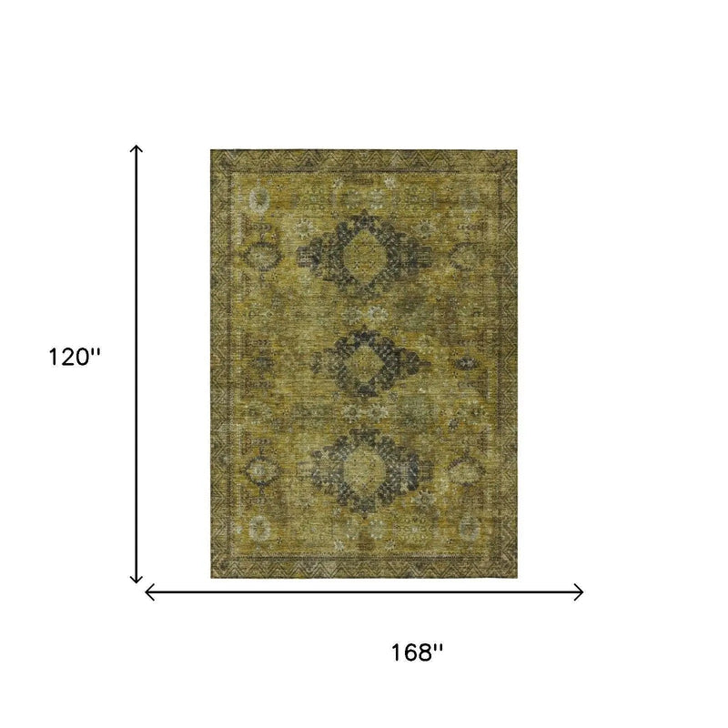 10' X 14' Gold And Walnut Oriental Washable Indoor Outdoor Area Rug Homeroots Outdoor