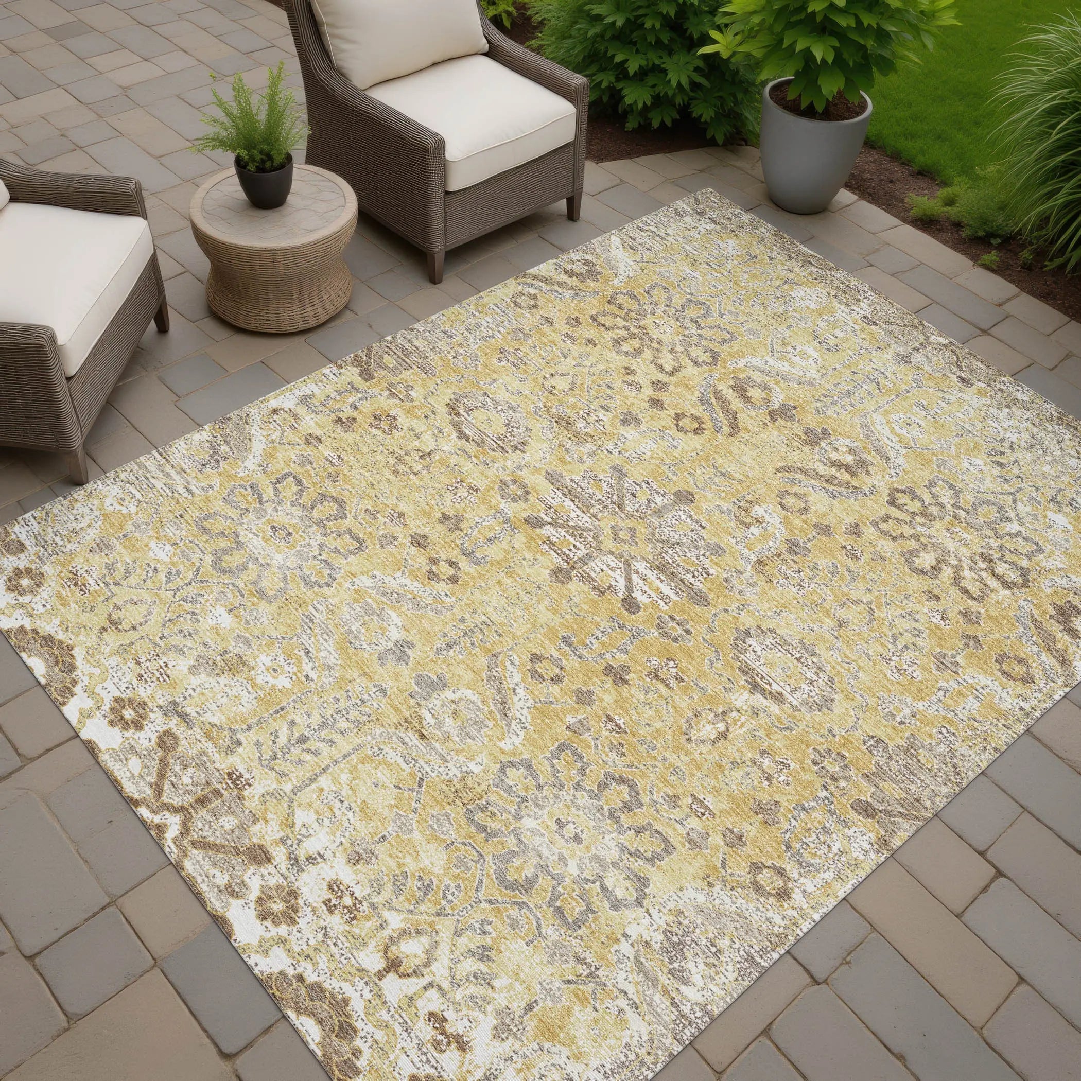 10' X 14' Gold And Wheat Damask Washable Indoor Outdoor Area Rug Homeroots Outdoor
