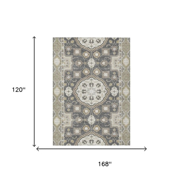 10' X 14' Graphite And Gray Floral Medallion Washable Indoor Outdoor Area Rug Homeroots Outdoor