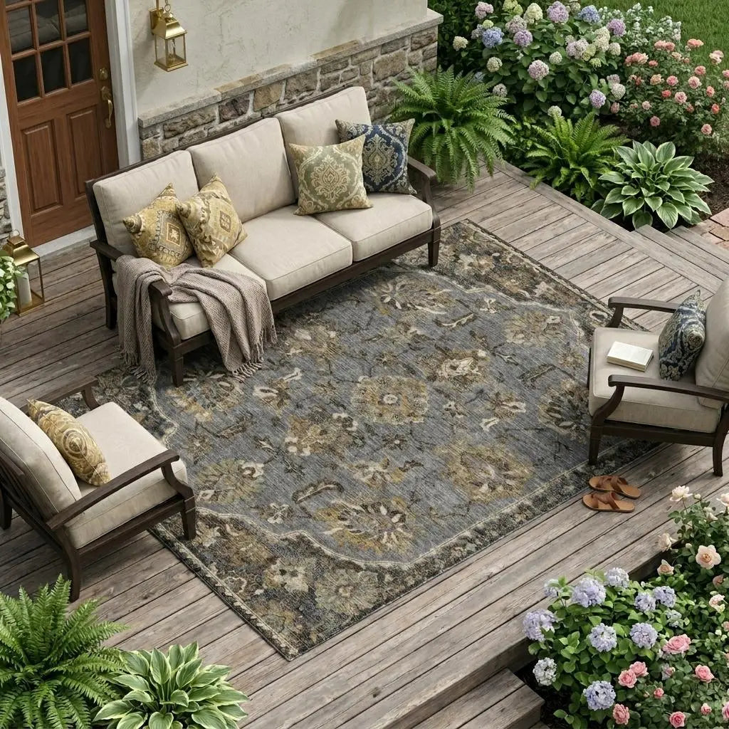 10' X 14' Graphite And Gray Floral Medallion Washable Indoor Outdoor Area Rug Homeroots Outdoor