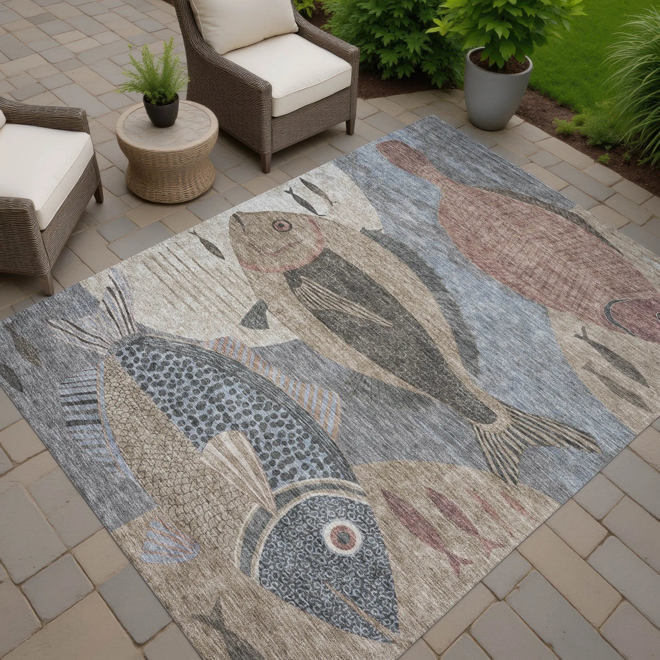 10' X 14' Gray And Beige Tropical Fish Washable Indoor Outdoor Area Rug Homeroots Outdoor