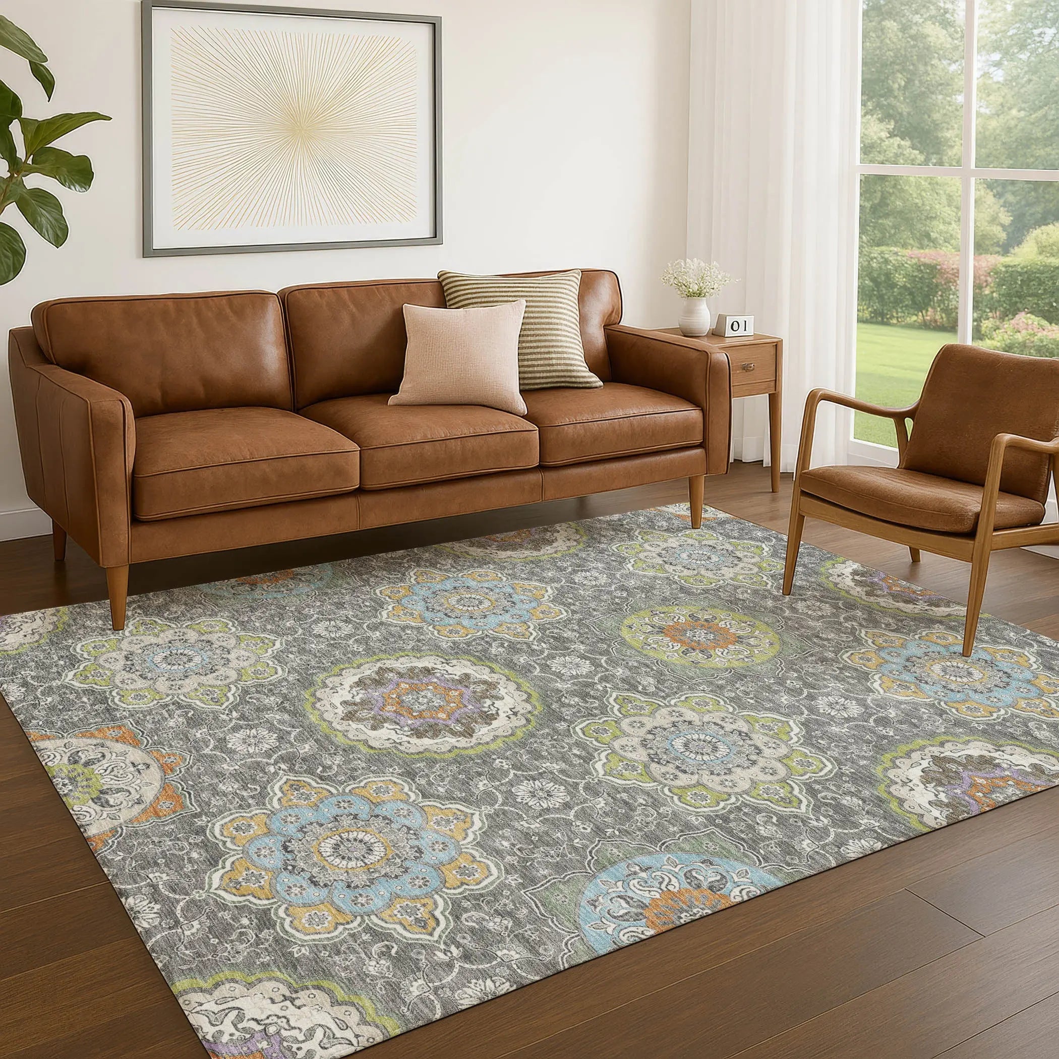 10' X 14' Gray And Brown Floral Medallion Washable Indoor Outdoor Area Rug Homeroots Outdoor