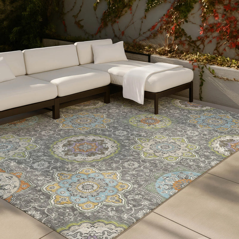 10' X 14' Gray And Brown Floral Medallion Washable Indoor Outdoor Area Rug Homeroots Outdoor