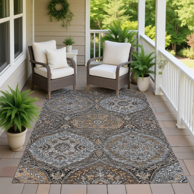 10' X 14' Gray And Brown Ogee Washable Indoor Outdoor Area Rug Homeroots Outdoor