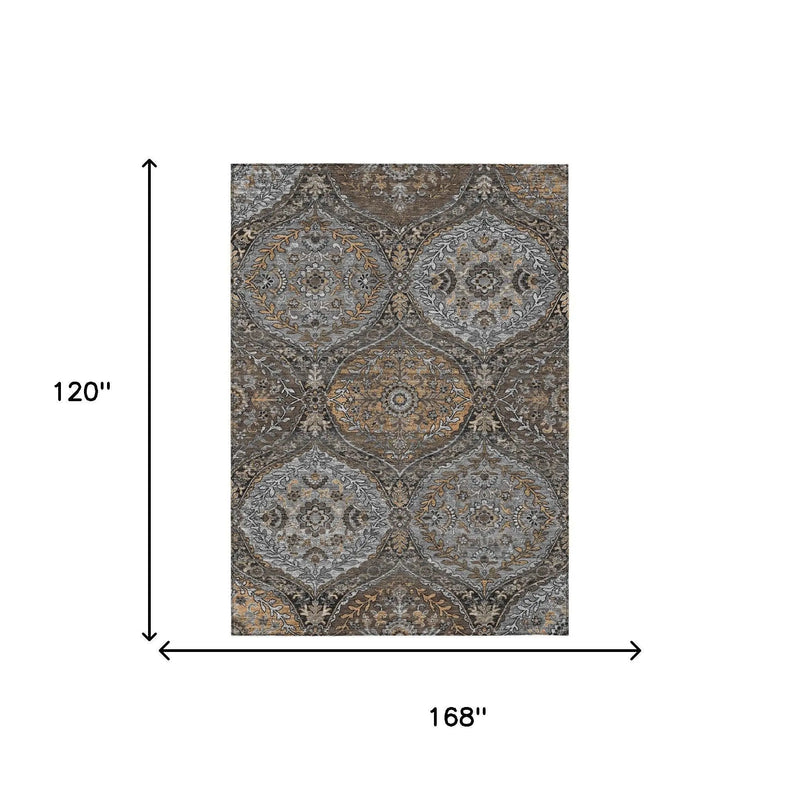 10' X 14' Gray And Brown Ogee Washable Indoor Outdoor Area Rug Homeroots Outdoor