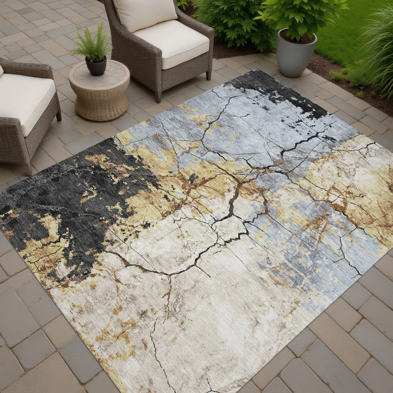 10' X 14' Gray And Gold Abstract Washable Indoor Outdoor Area Rug Homeroots Outdoor