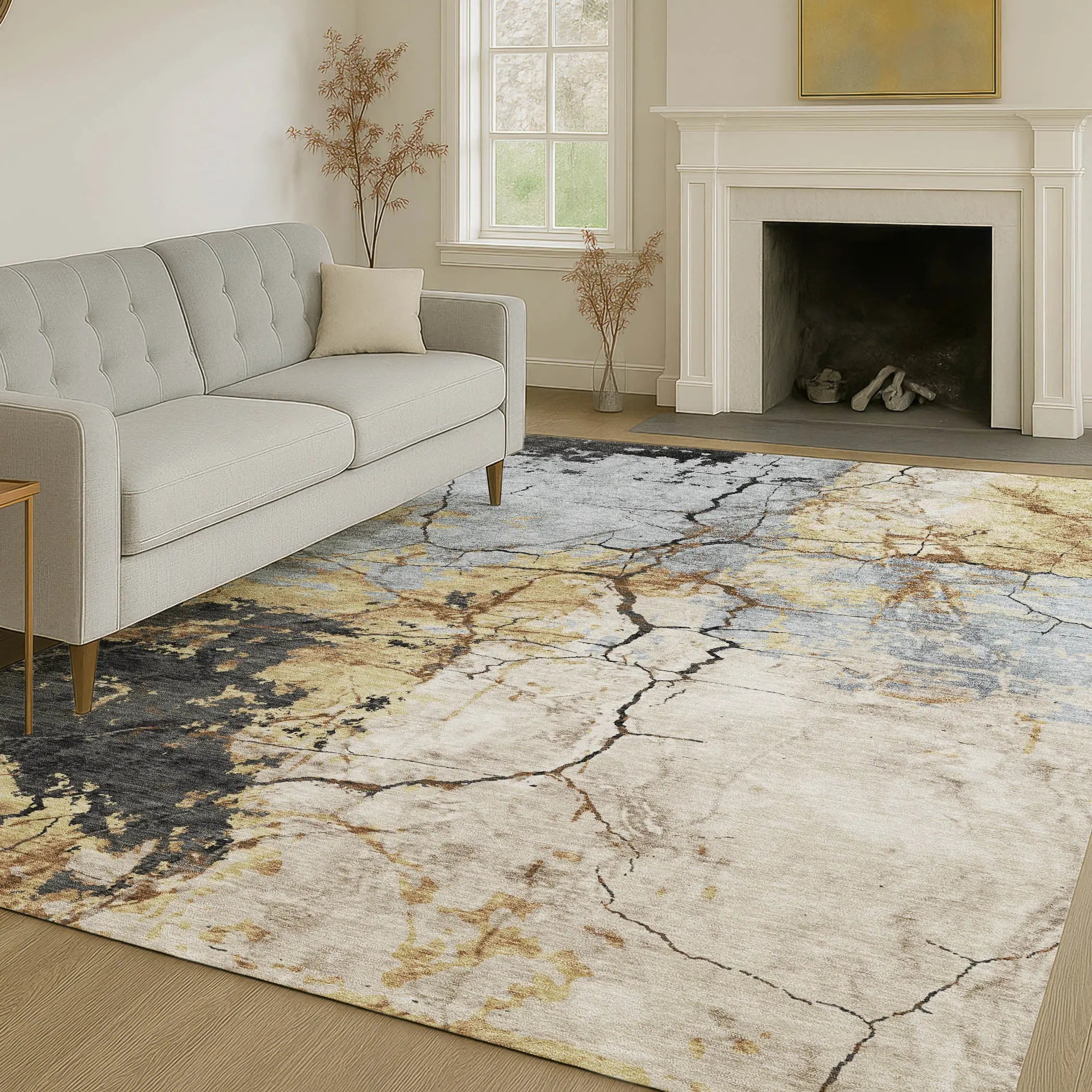 10' X 14' Gray And Gold Abstract Washable Indoor Outdoor Area Rug Homeroots Outdoor