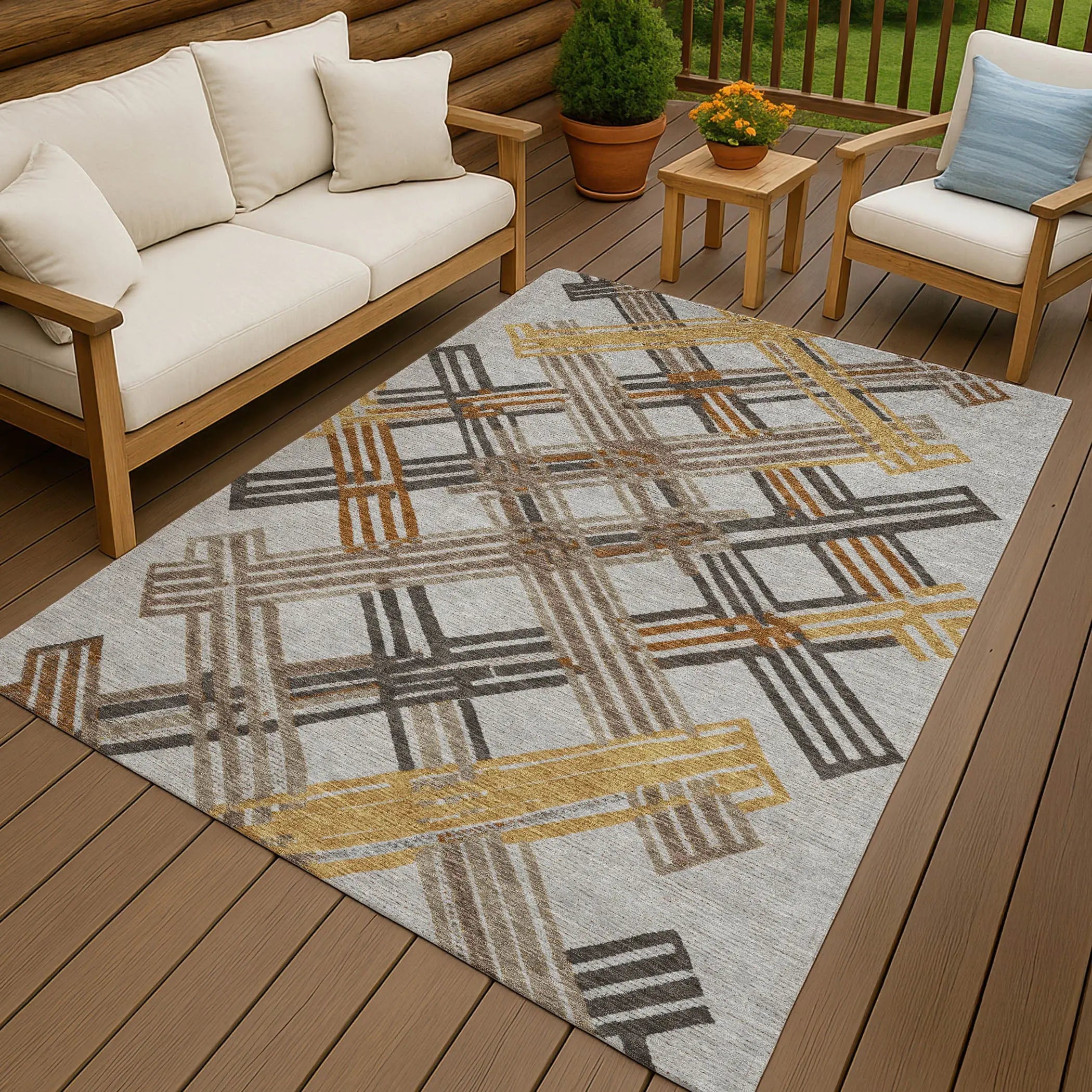 10' X 14' Gray And Gold Geometric Washable Indoor Outdoor Area Rug Homeroots Outdoor