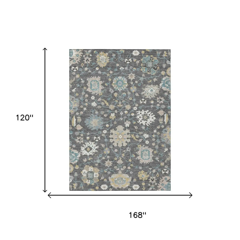 10' X 14' Gray And Graphite Floral Washable Indoor Outdoor Area Rug Homeroots Outdoor