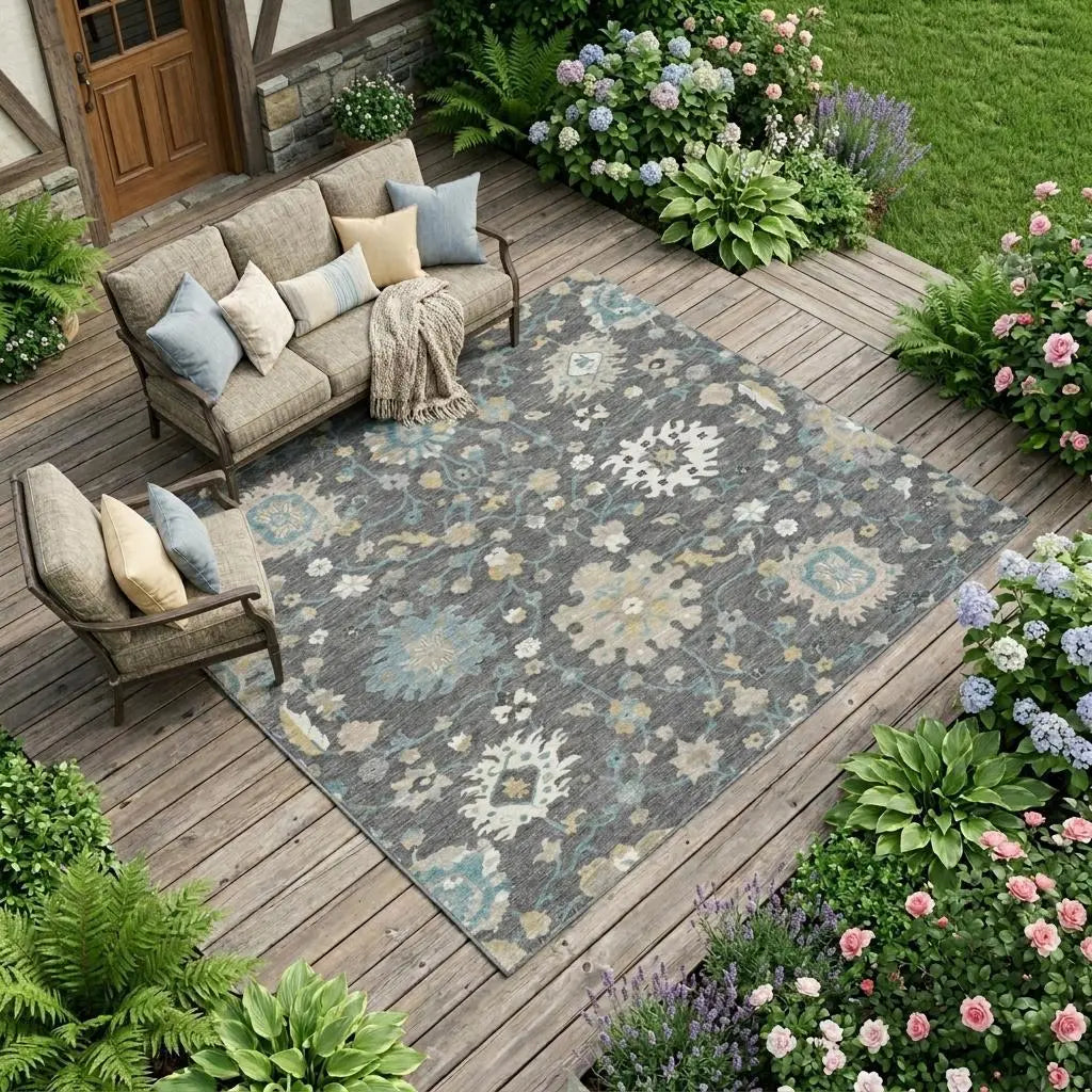 10' X 14' Gray And Graphite Floral Washable Indoor Outdoor Area Rug Homeroots Outdoor