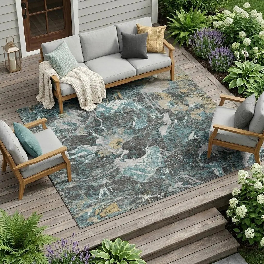 10' X 14' Gray And Graphite Floral Washable Indoor Outdoor Area Rug Homeroots Outdoor