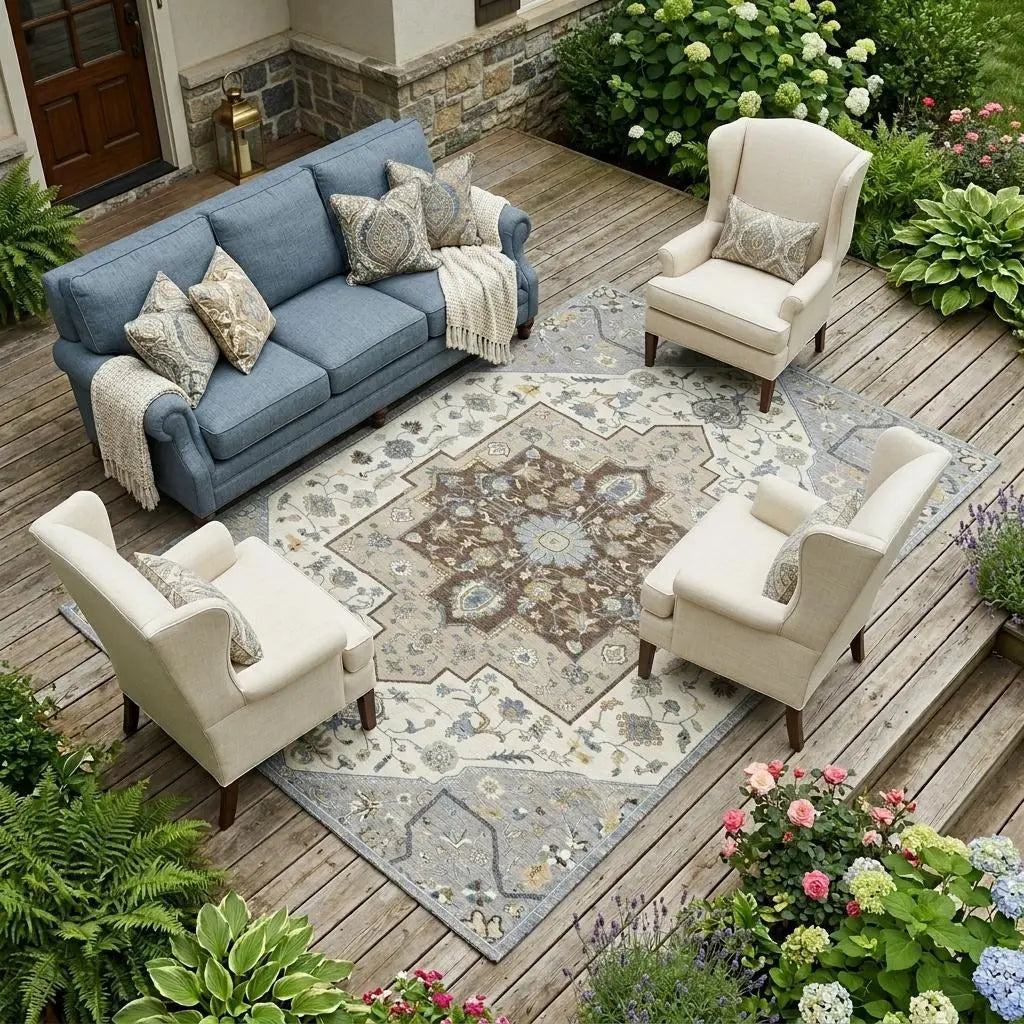 10' X 14' Gray And Ivory Floral Medallion Washable Indoor Outdoor Area Rug Homeroots Outdoor