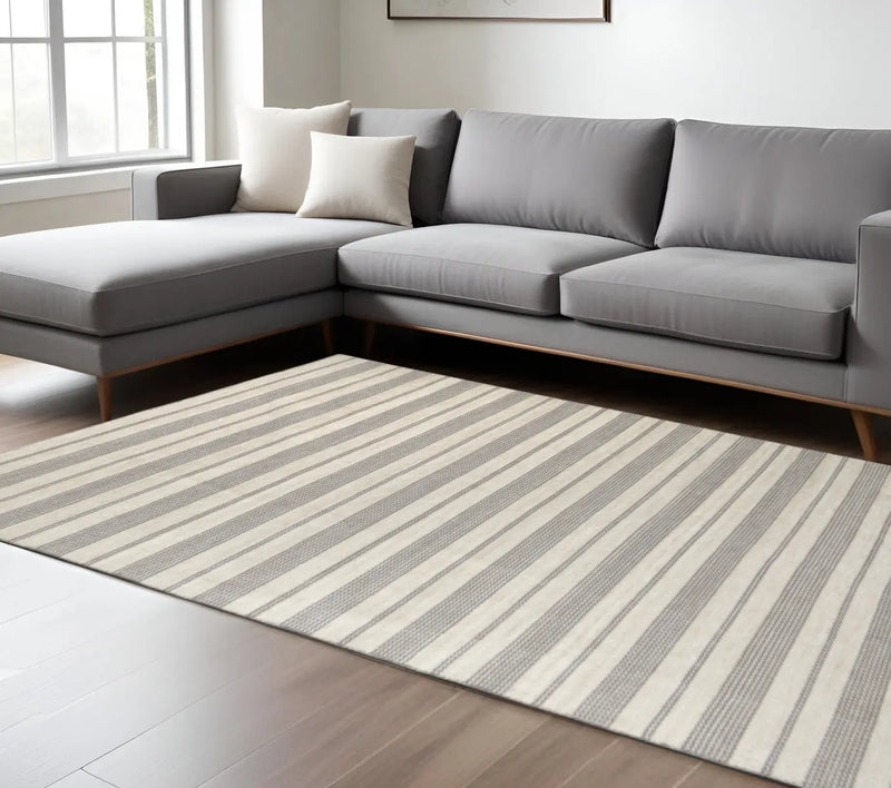 10' X 14' Gray And Ivory Striped Dhurrie Hand Woven Stain Resistant Area Rug Homeroots Outdoor