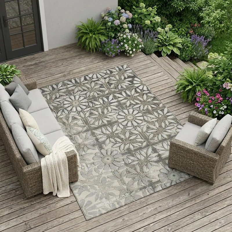 10' X 14' Gray And Pewter Floral Washable Indoor Outdoor Area Rug Homeroots Outdoor