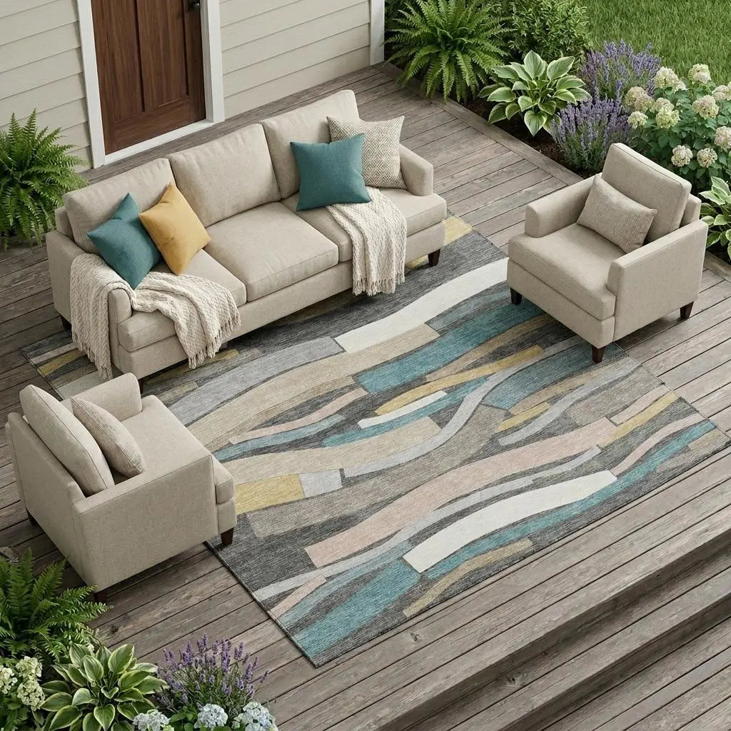 Modern area rug featuring abstract waves in blue, gray, beige, and pastel tones, perfect for outdoor patios.
