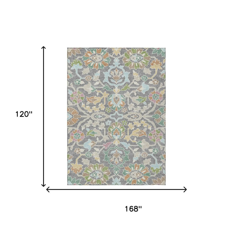 10' X 14' Gray And Silver Floral Washable Indoor Outdoor Area Rug Homeroots Outdoor