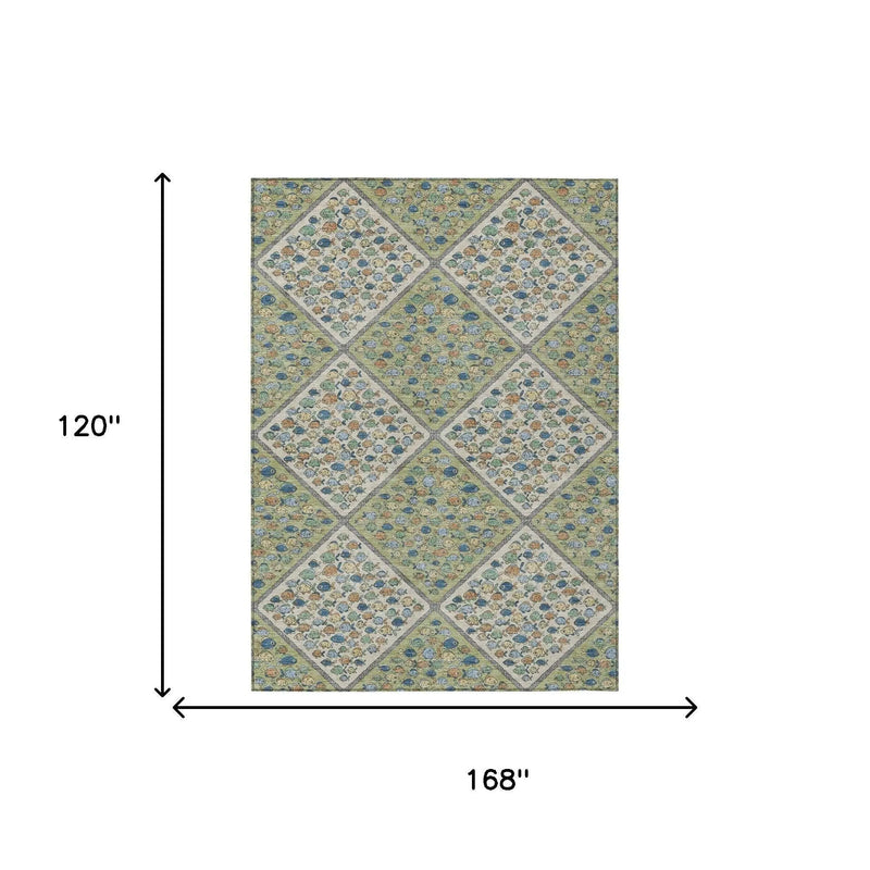 10' X 14' Green And Beige Abstract Washable Indoor Outdoor Area Rug Homeroots Outdoor