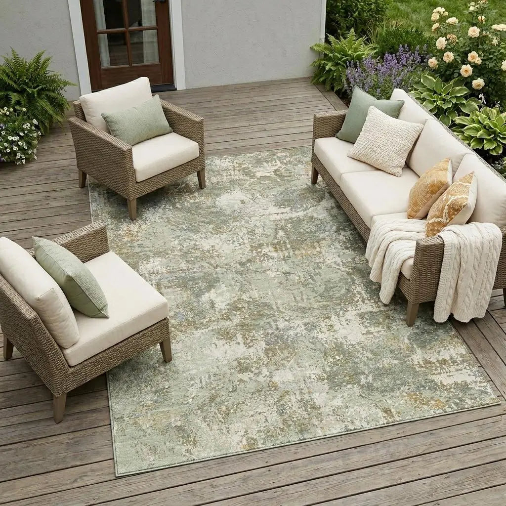 10' X 14' Green And Beige Abstract Washable Indoor Outdoor Area Rug Homeroots Outdoor