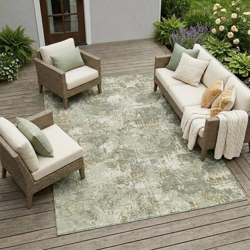 10' X 14' Green And Beige Abstract Washable Indoor Outdoor Area Rug Homeroots Outdoor