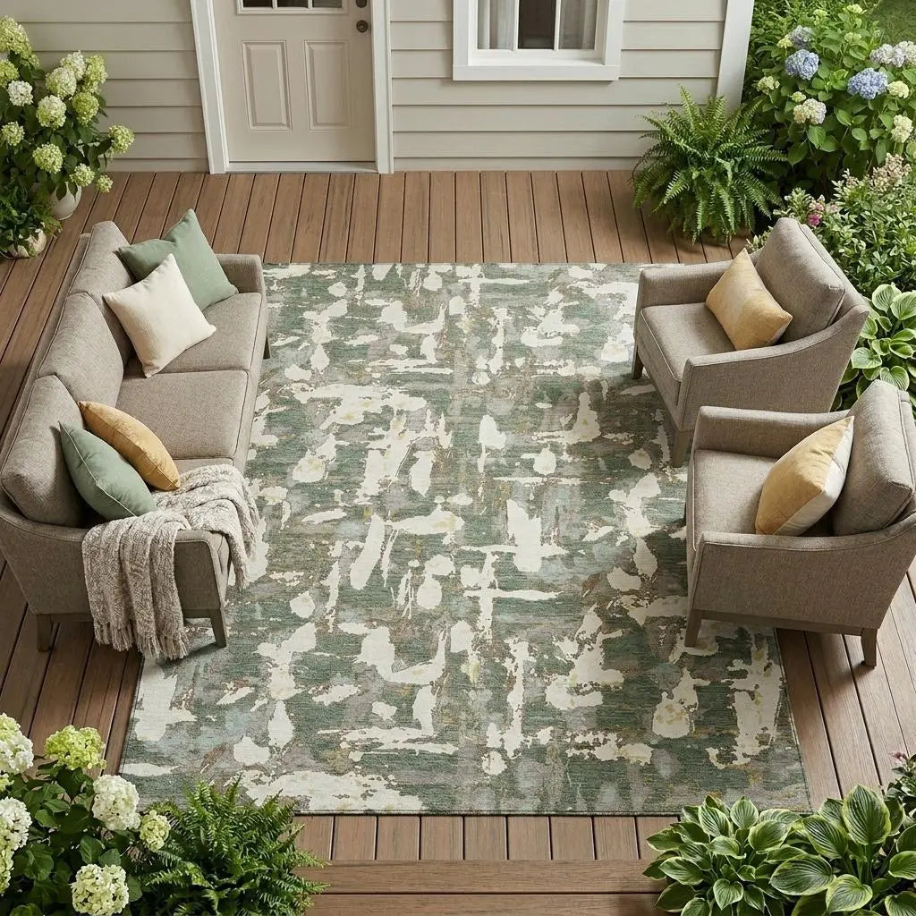 10' X 14' Green And Beige Abstract Washable Indoor Outdoor Area Rug Homeroots Outdoor