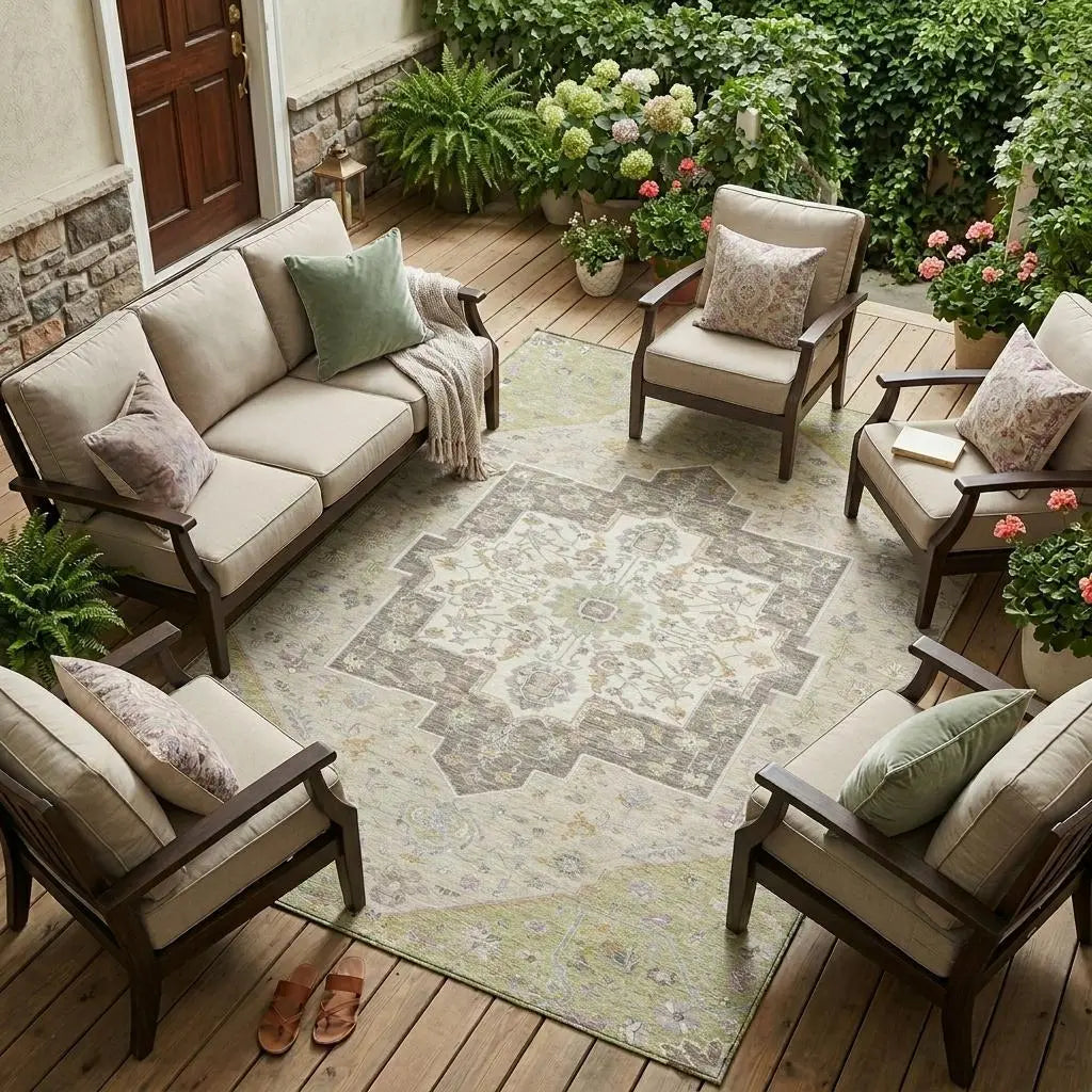 10' X 14' Green And Beige Floral Medallion Washable Indoor Outdoor Area Rug Homeroots Outdoor