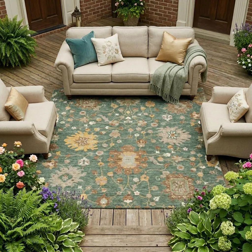 10' X 14' Green And Beige Floral Washable Indoor Outdoor Area Rug Homeroots Outdoor