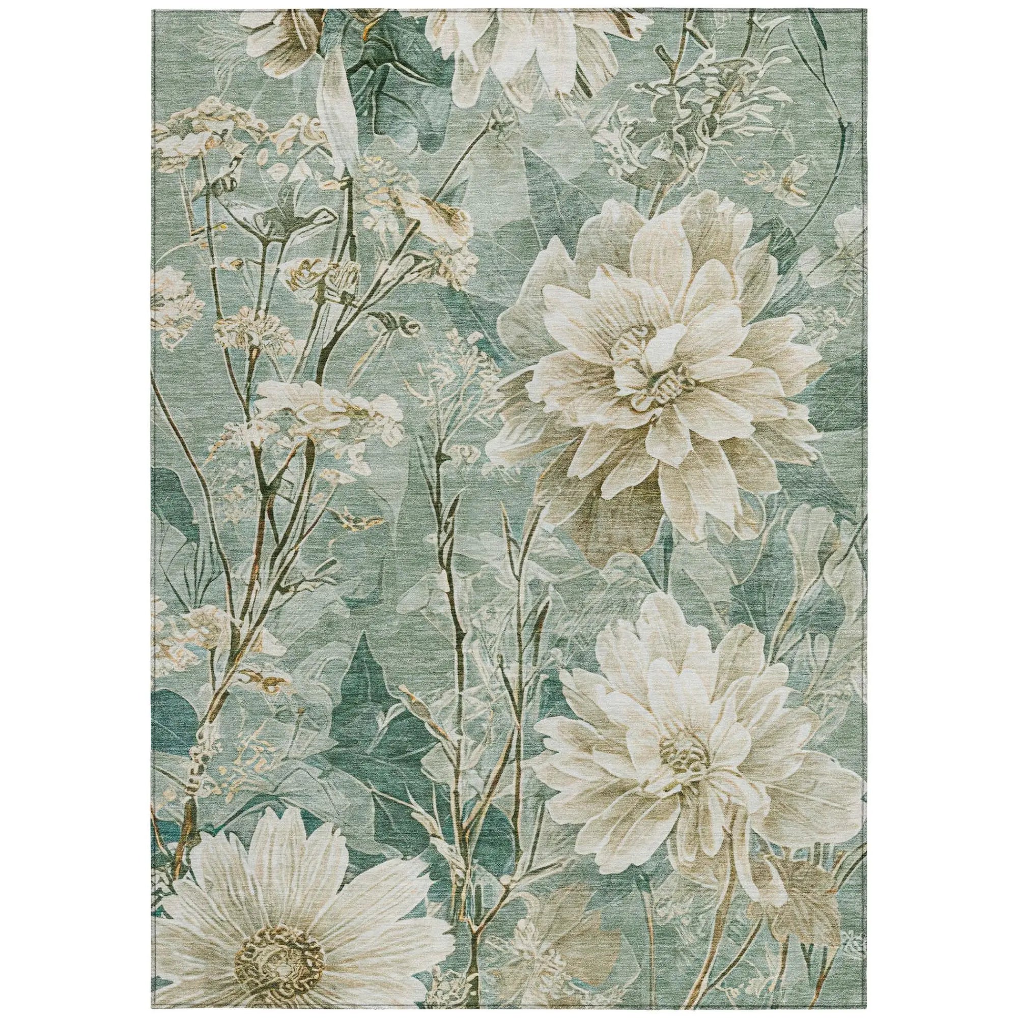 10' X 14' Green And Beige Floral Washable Indoor Outdoor Area Rug Homeroots Outdoor