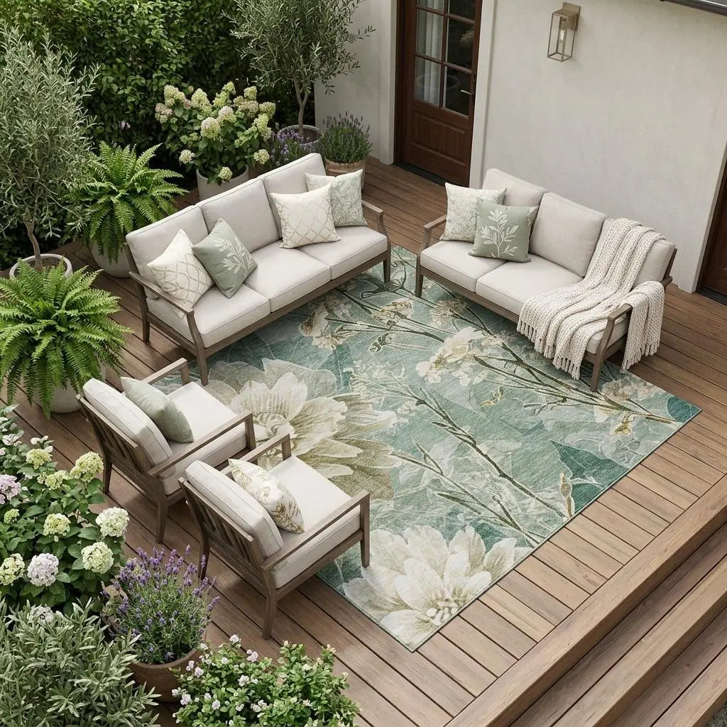 10' X 14' Green And Beige Floral Washable Indoor Outdoor Area Rug Homeroots Outdoor