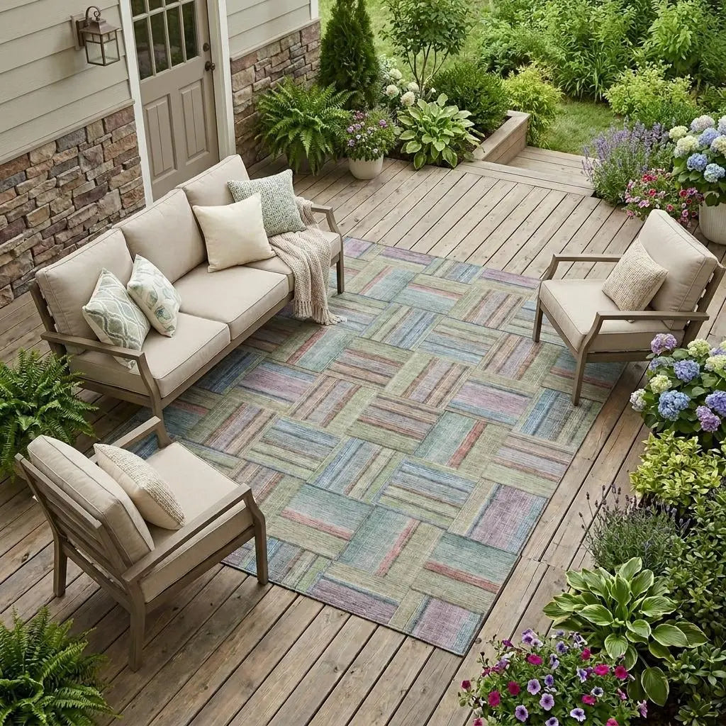 10' X 14' Green And Beige Geometric Washable Indoor Outdoor Area Rug Homeroots Outdoor