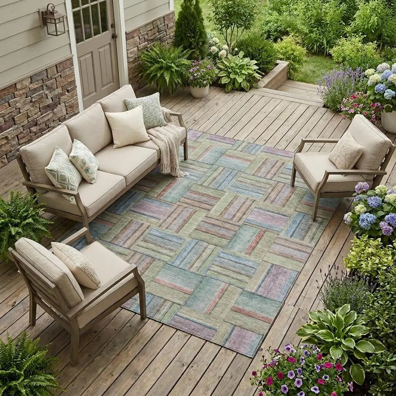10' X 14' Green And Beige Geometric Washable Indoor Outdoor Area Rug Homeroots Outdoor