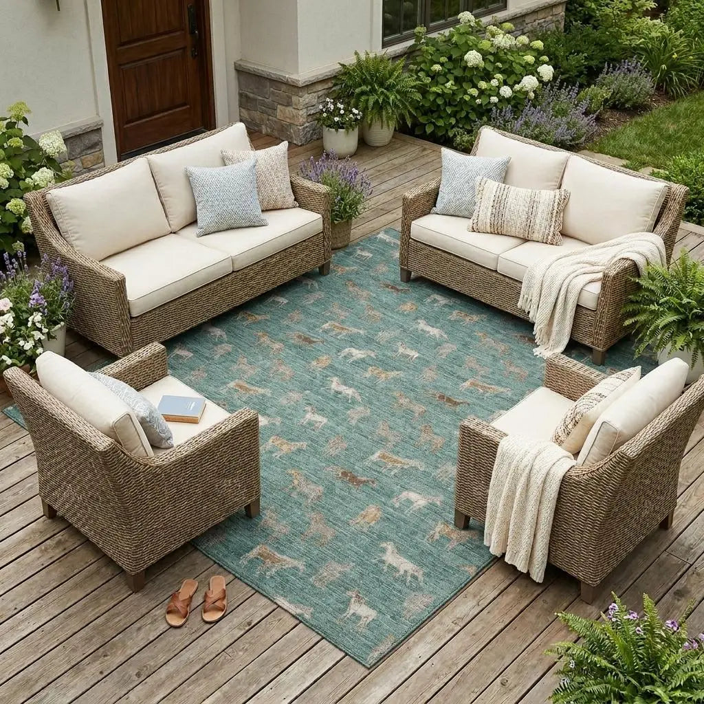 10' X 14' Green And Beige Horse Washable Indoor Outdoor Area Rug Homeroots Outdoor