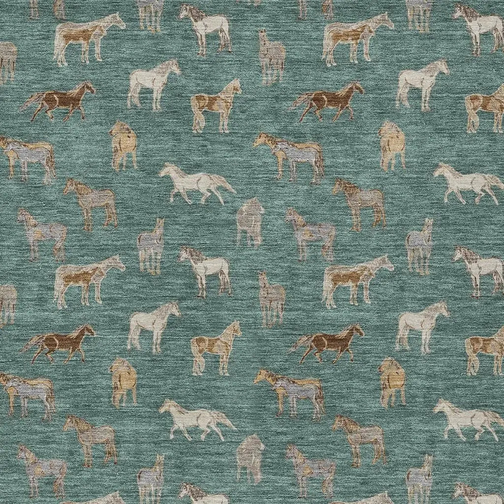 10' X 14' Green And Beige Horse Washable Indoor Outdoor Area Rug Homeroots Outdoor
