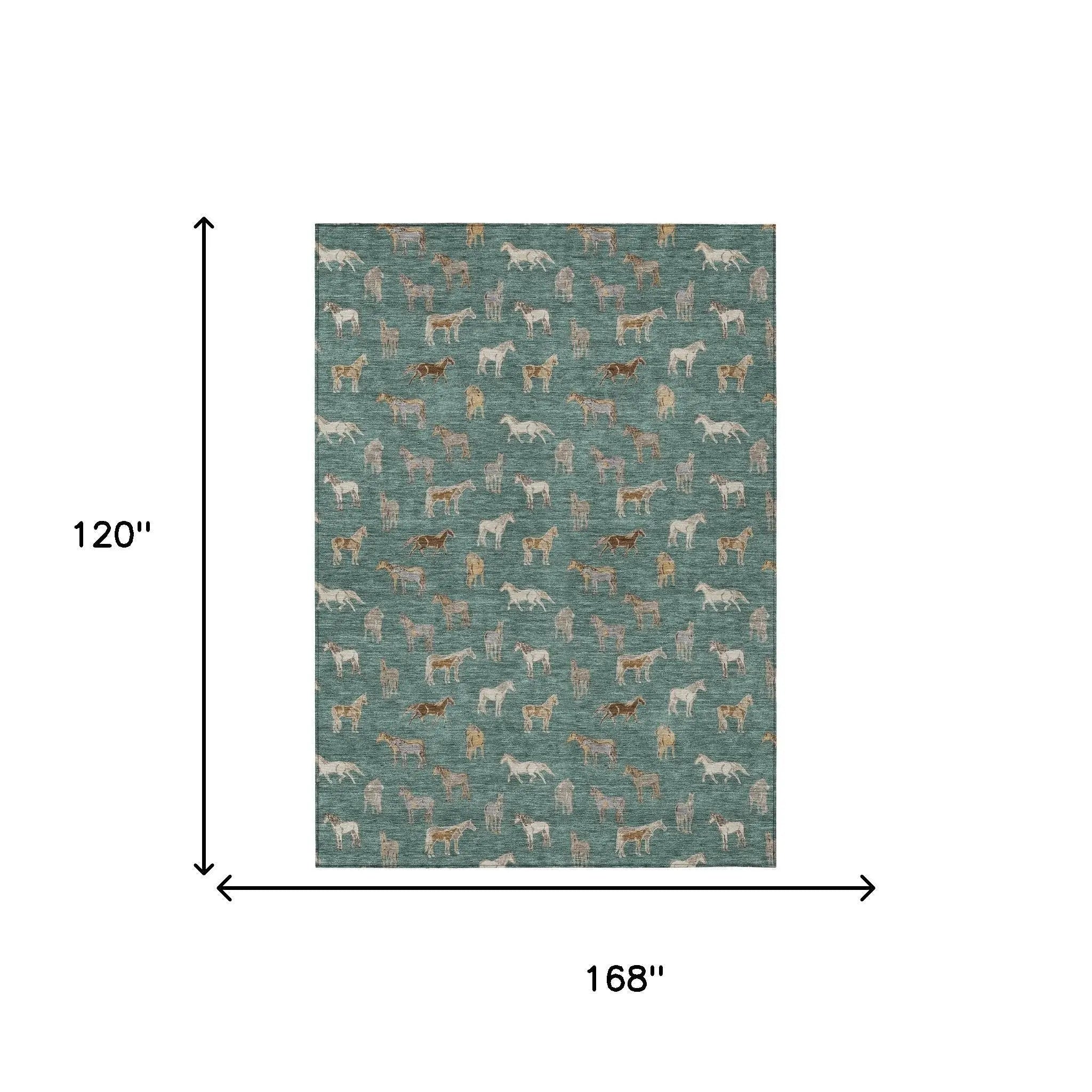 10' X 14' Green And Beige Horse Washable Indoor Outdoor Area Rug Homeroots Outdoor